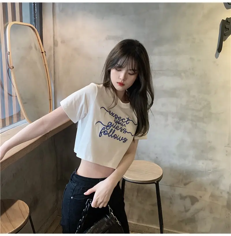 Women Letter Embroidered Crop Top White Black Jeans Set — feature 5