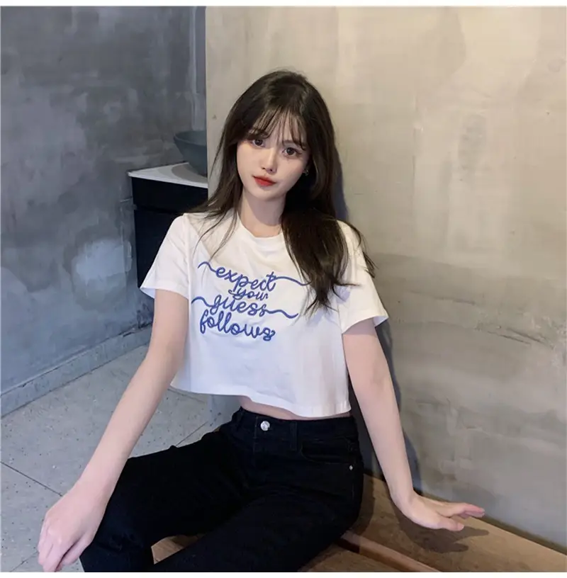 Women Letter Embroidered Crop Top White Black Jeans Set — feature 6