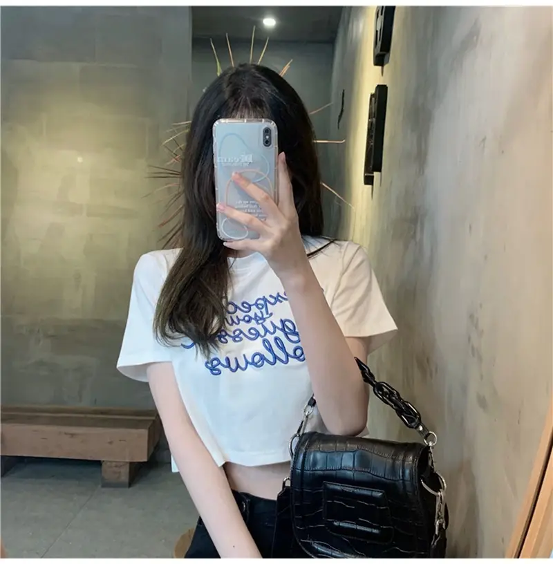Women Letter Embroidered Crop Top White Black Jeans Set — feature 7
