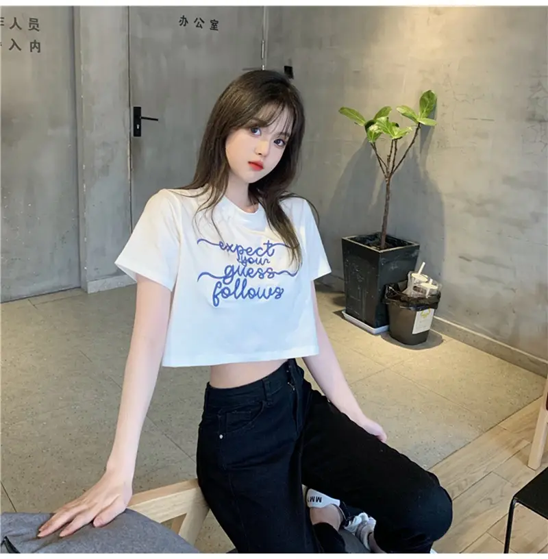 Women Letter Embroidered Crop Top White Black Jeans Set — feature 8