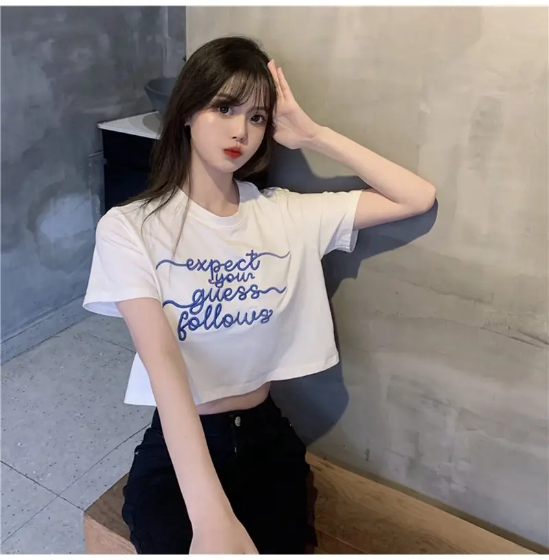 Women Letter Embroidered Crop Top White Black Jeans Set — feature 9