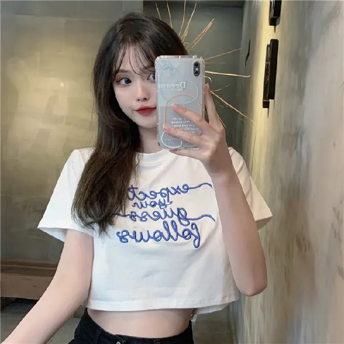 Women Letter Embroidered Crop Top White Black Jeans Set - Image 2