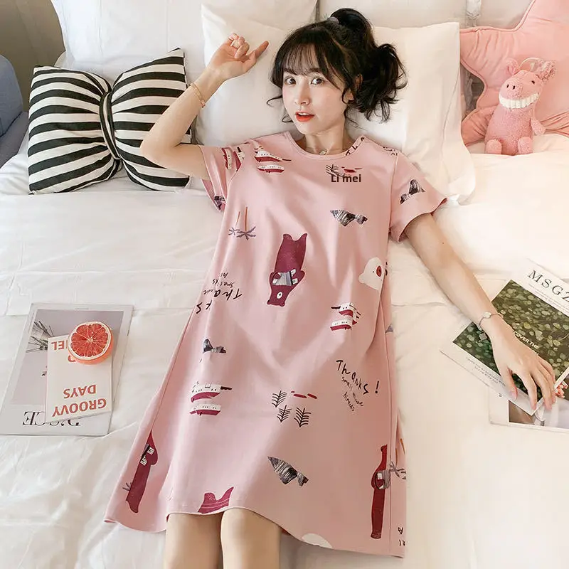 Women's summer nightdress Korean style spring and autumn student home wear cute thin short sleeve cartoon loose maternity pajamas summer