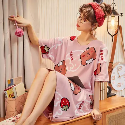 Women's summer nightdress Korean style spring and autumn student home wear cute thin short sleeve cartoon loose maternity pajamas summer