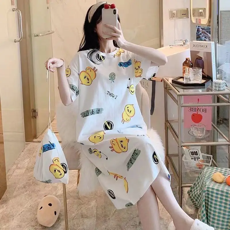 Women's summer nightdress Korean style spring and autumn student home wear cute thin short sleeve cartoon loose maternity pajamas summer