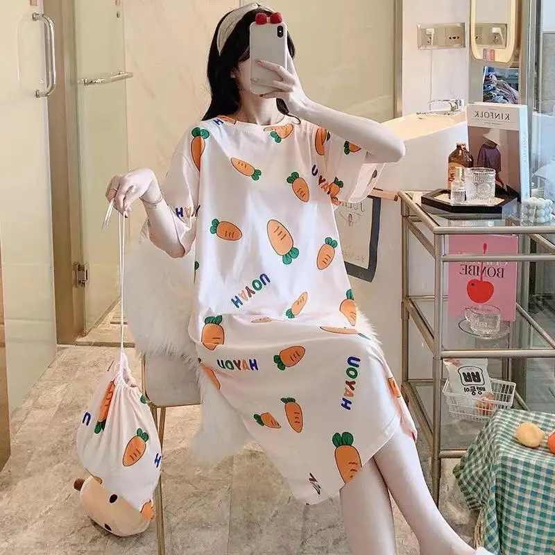 Women's summer nightdress Korean style spring and autumn student home wear cute thin short sleeve cartoon loose maternity pajamas summer