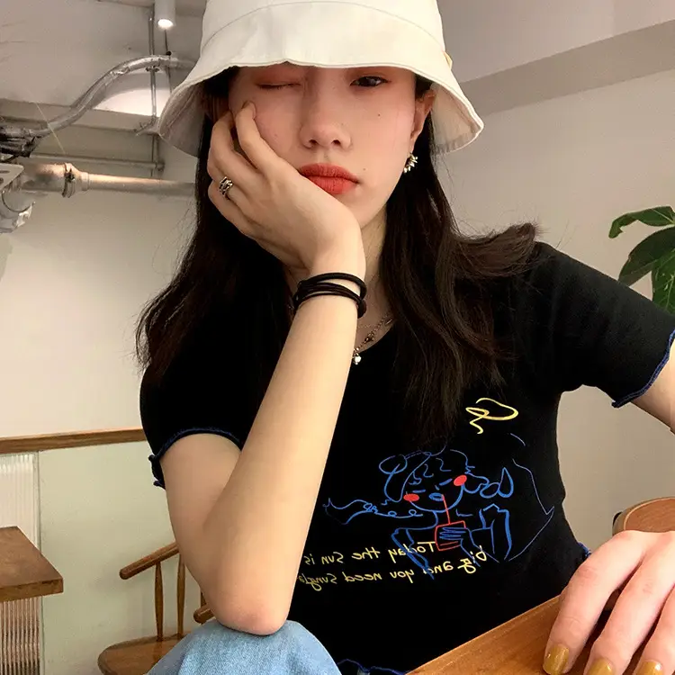 Women Printed Short Sleeve T-Shirt White Blue 2025 — feature 11
