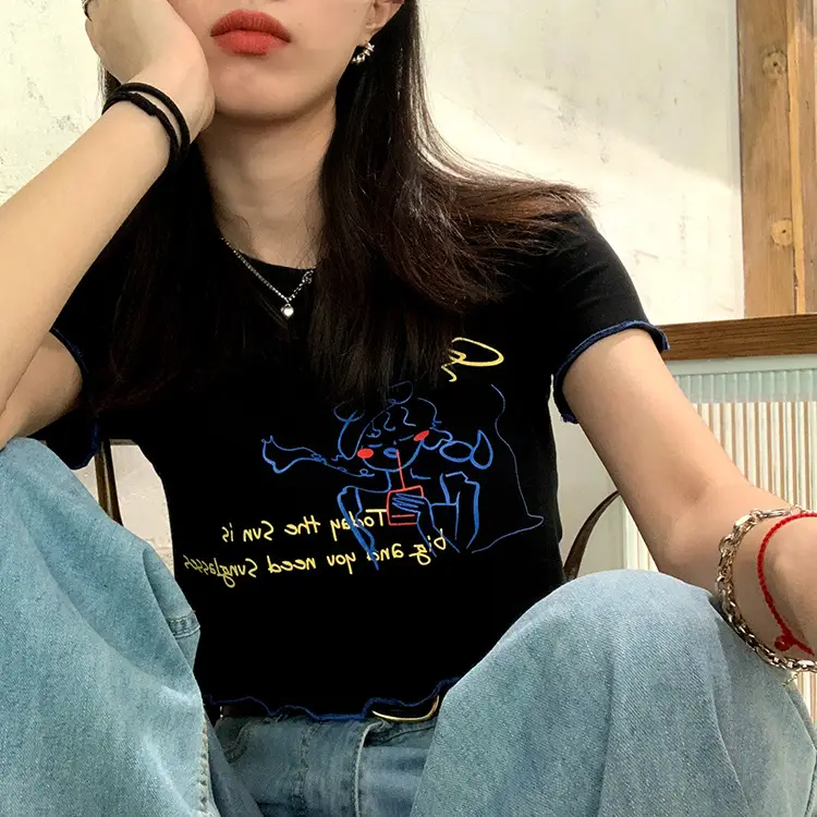 Women Printed Short Sleeve T-Shirt White Blue 2025 — feature 15