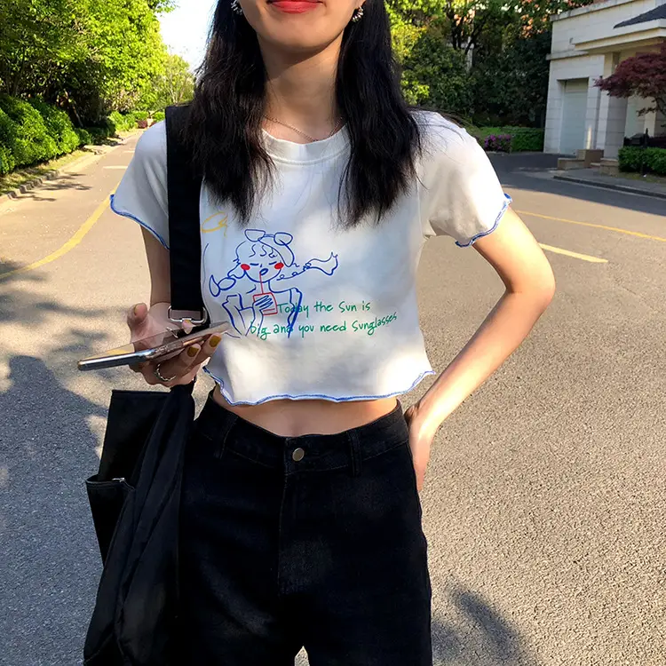 Women Printed Short Sleeve T-Shirt White Blue 2025 — feature 9