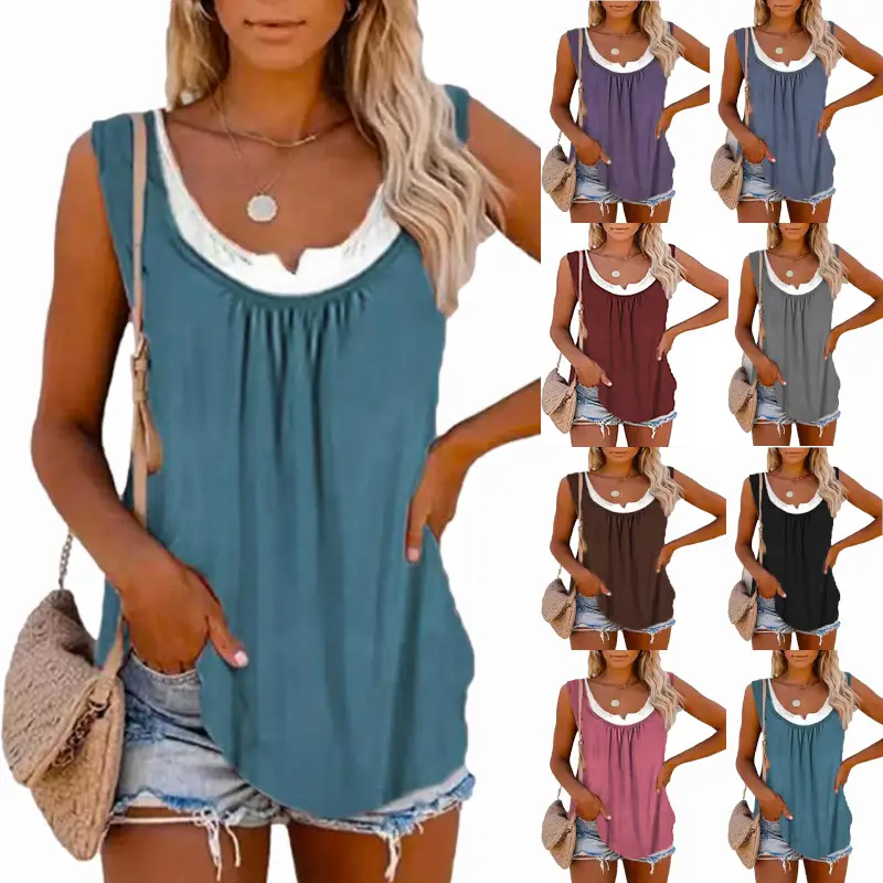 2023 Summer Women's Blue Sleeveless Pleated Vest Top - Image 10
