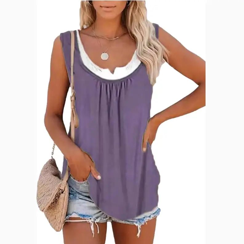 2023 Summer Women's Blue Sleeveless Pleated Vest Top - Image 13