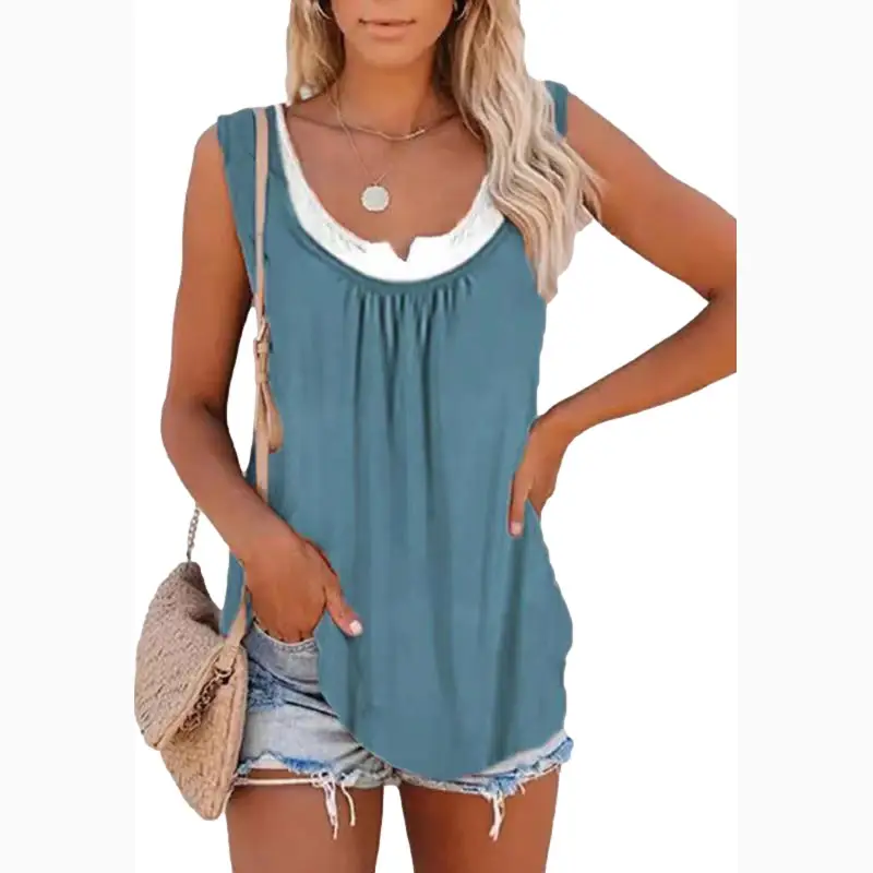 2023 Summer Women's Blue Sleeveless Pleated Vest Top - Image 5