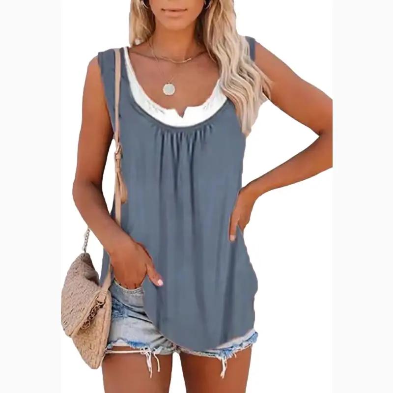 2023 Summer Women's Blue Sleeveless Pleated Vest Top - Image 8