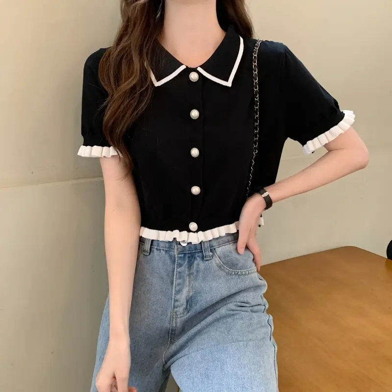 Women Knitted Collar T-Shirt Pearl Black Contrast Slim Fit - Image 4
