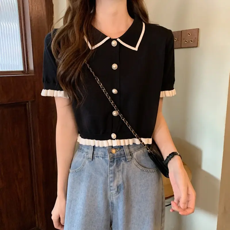 Women Knitted Collar T-Shirt Pearl Black Contrast Slim Fit - Image 6