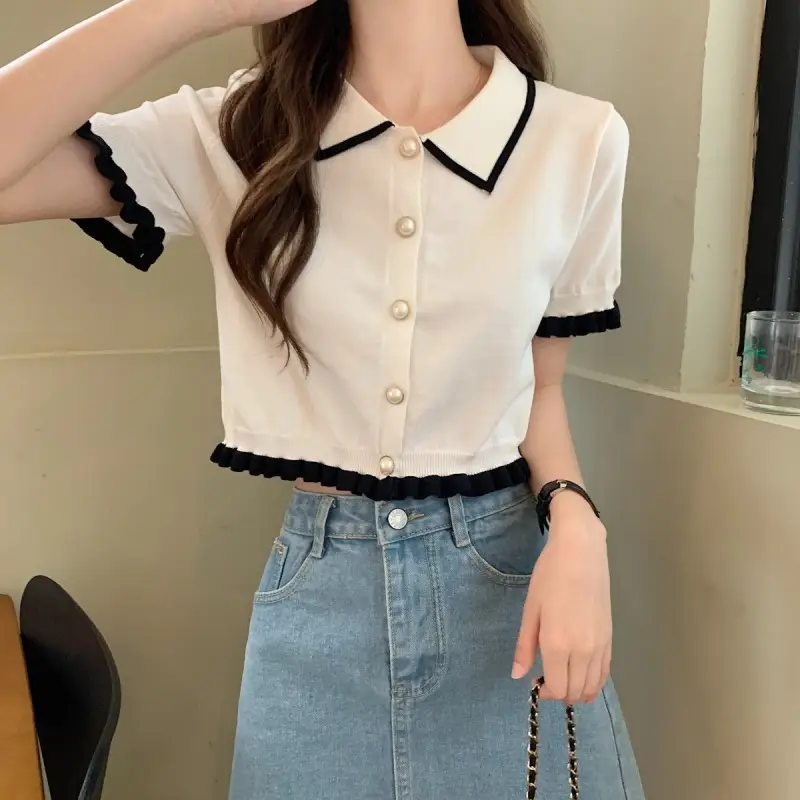 Women Knitted Collar T-Shirt Pearl Black Contrast Slim Fit - Image 7