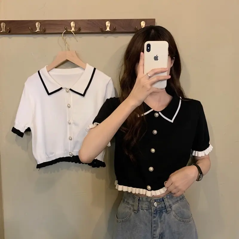 Women Knitted Collar T-Shirt Pearl Black Contrast Slim Fit — feature 1
