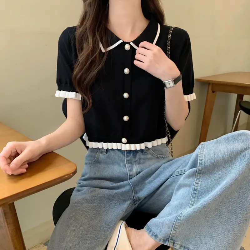 Women Knitted Collar T-Shirt Pearl Black Contrast Slim Fit — feature 11