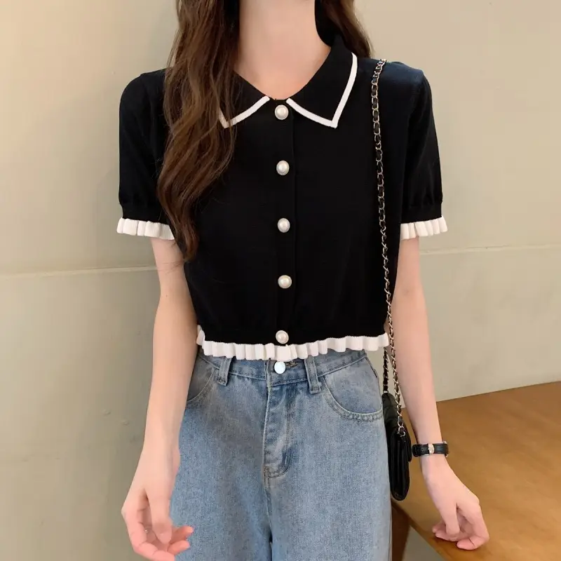 Women Knitted Collar T-Shirt Pearl Black Contrast Slim Fit — feature 12