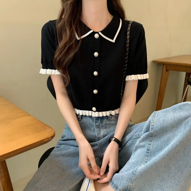Women Knitted Collar T-Shirt Pearl Black Contrast Slim Fit — feature 13