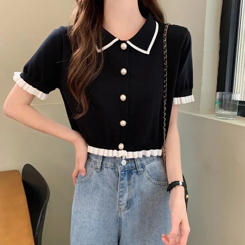 Women Knitted Collar T-Shirt Pearl Black Contrast Slim Fit — feature 14