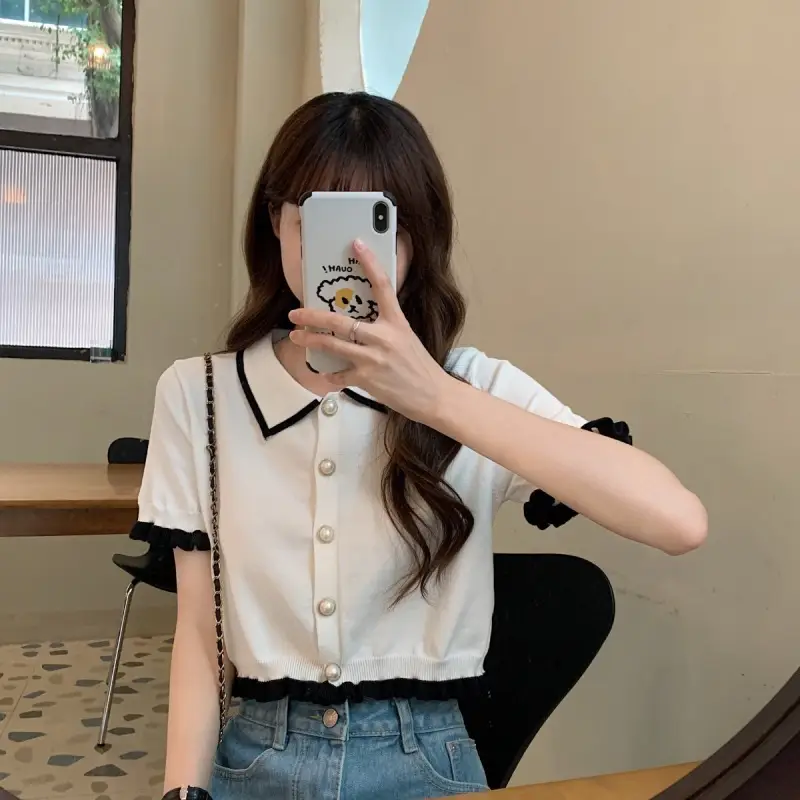 Women Knitted Collar T-Shirt Pearl Black Contrast Slim Fit — feature 15