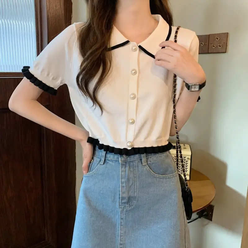Women Knitted Collar T-Shirt Pearl Black Contrast Slim Fit — feature 16