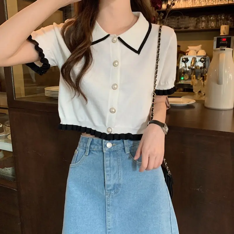 Women Knitted Collar T-Shirt Pearl Black Contrast Slim Fit — feature 17