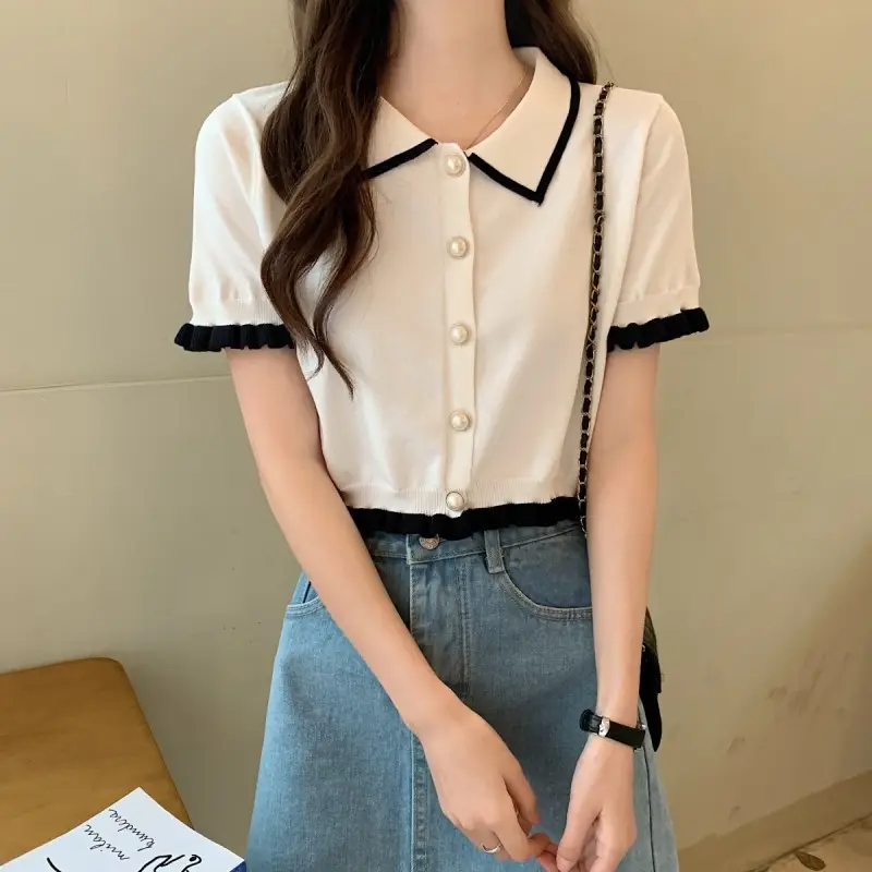 Women Knitted Collar T-Shirt Pearl Black Contrast Slim Fit — feature 18