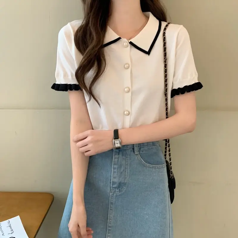 Women Knitted Collar T-Shirt Pearl Black Contrast Slim Fit — feature 19