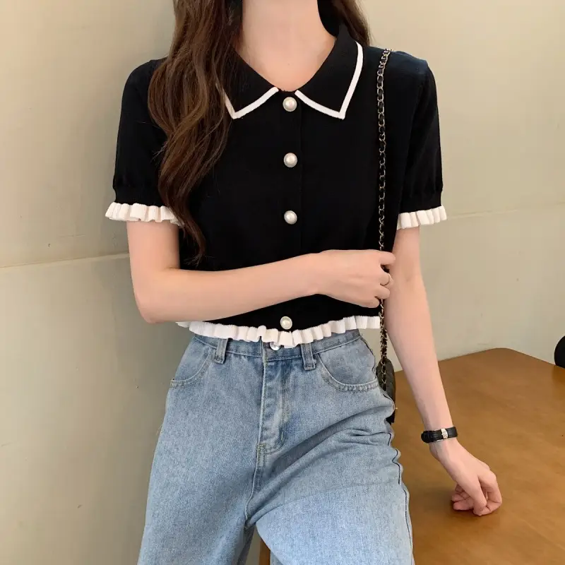 Women Knitted Collar T-Shirt Pearl Black Contrast Slim Fit — feature 2