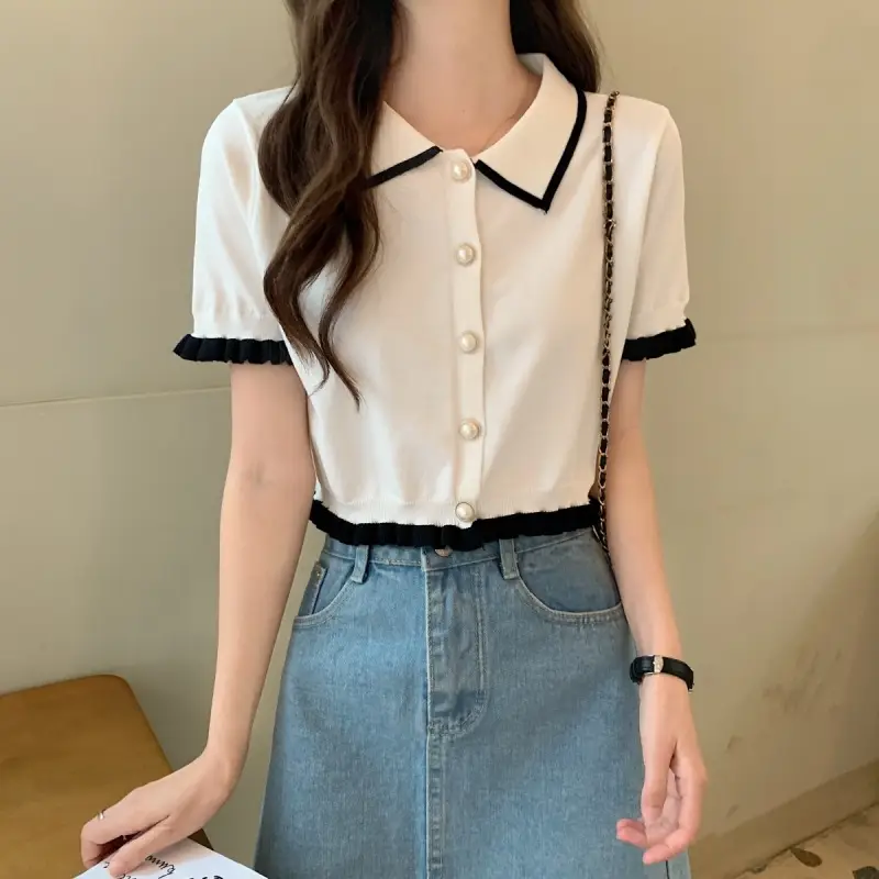 Women Knitted Collar T-Shirt Pearl Black Contrast Slim Fit — feature 20