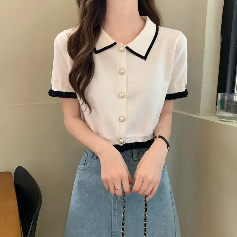 Women Knitted Collar T-Shirt Pearl Black Contrast Slim Fit — feature 21