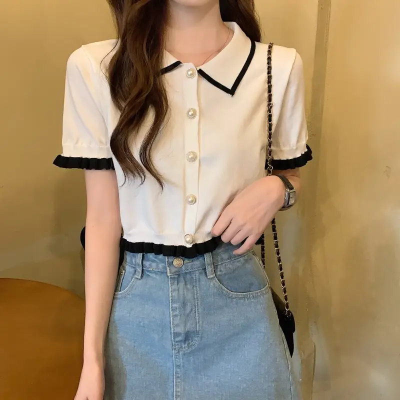 Women Knitted Collar T-Shirt Pearl Black Contrast Slim Fit — feature 22