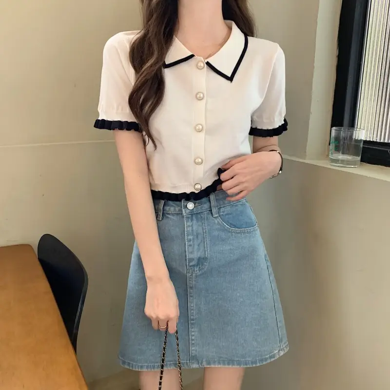 Women Knitted Collar T-Shirt Pearl Black Contrast Slim Fit — feature 23