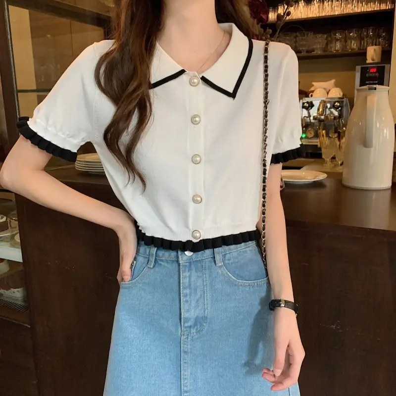 Women Knitted Collar T-Shirt Pearl Black Contrast Slim Fit — feature 25