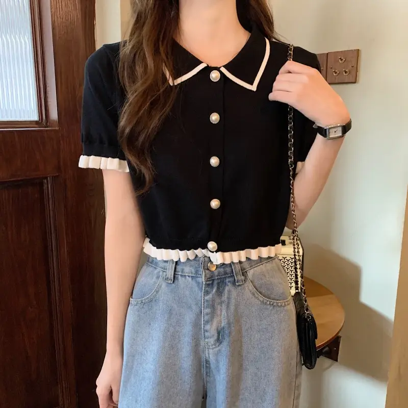 Women Knitted Collar T-Shirt Pearl Black Contrast Slim Fit — feature 3