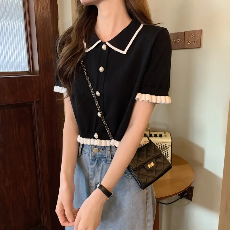 Women Knitted Collar T-Shirt Pearl Black Contrast Slim Fit — feature 5