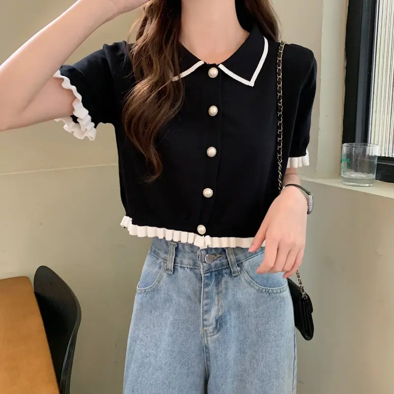 Women Knitted Collar T-Shirt Pearl Black Contrast Slim Fit — feature 6