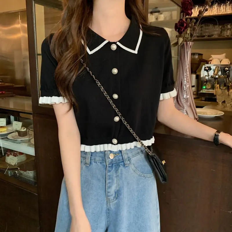 Women Knitted Collar T-Shirt Pearl Black Contrast Slim Fit — feature 7