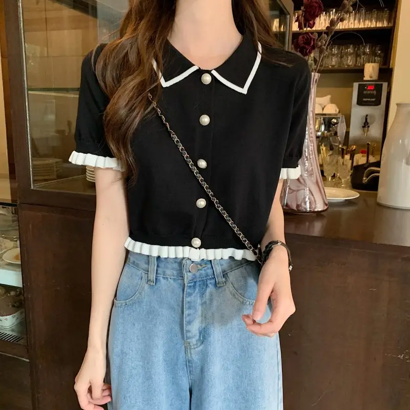Women Knitted Collar T-Shirt Pearl Black Contrast Slim Fit — feature 8