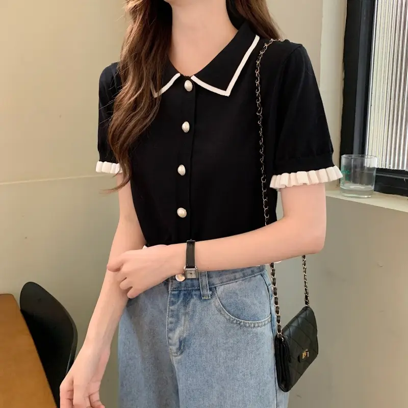 Women Knitted Collar T-Shirt Pearl Black Contrast Slim Fit — feature 9