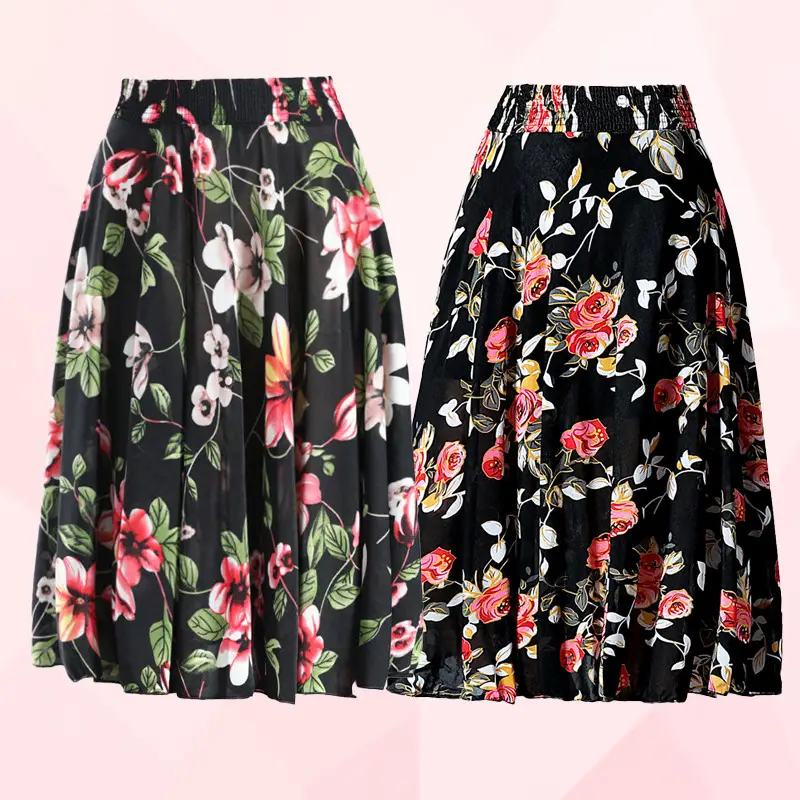 Black Floral Ice Silk Summer Skirts for Women - Image 21