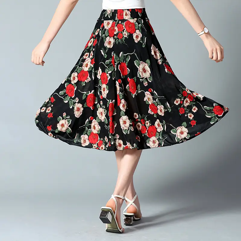 Black Floral Ice Silk Summer Skirts for Women - Image 18