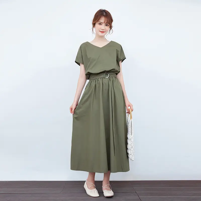 Blue V-Neck Belted Midi Dress for Women