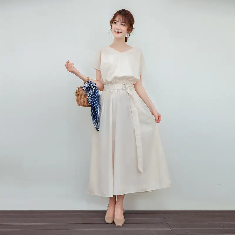 Blue V-Neck Belted Midi Dress for Women