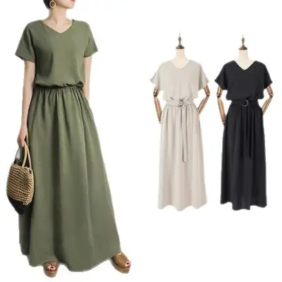 Blue V-Neck Belted Midi Dress for Women