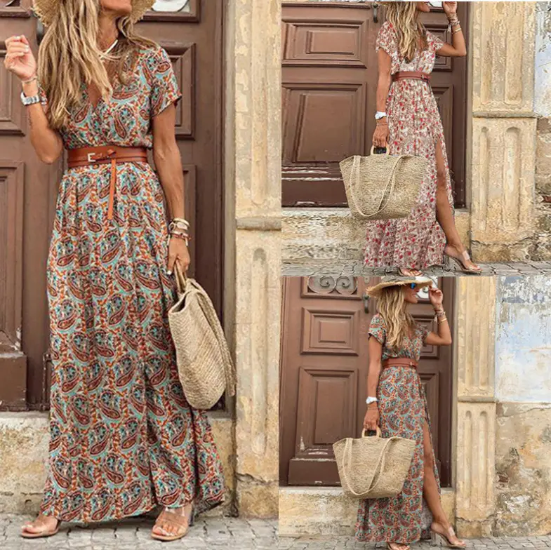 Bohemian Floral V Neck Dress for Women