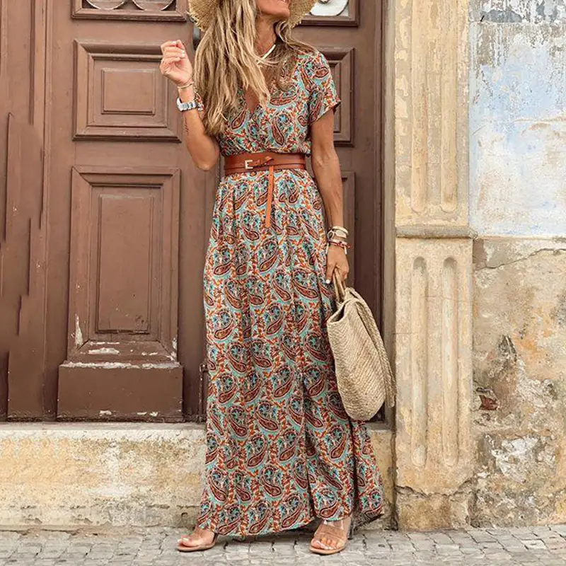 Bohemian Floral V Neck Dress for Women