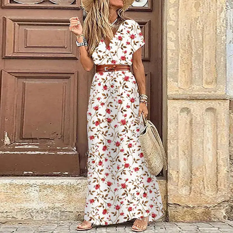 Bohemian Floral V Neck Dress for Women